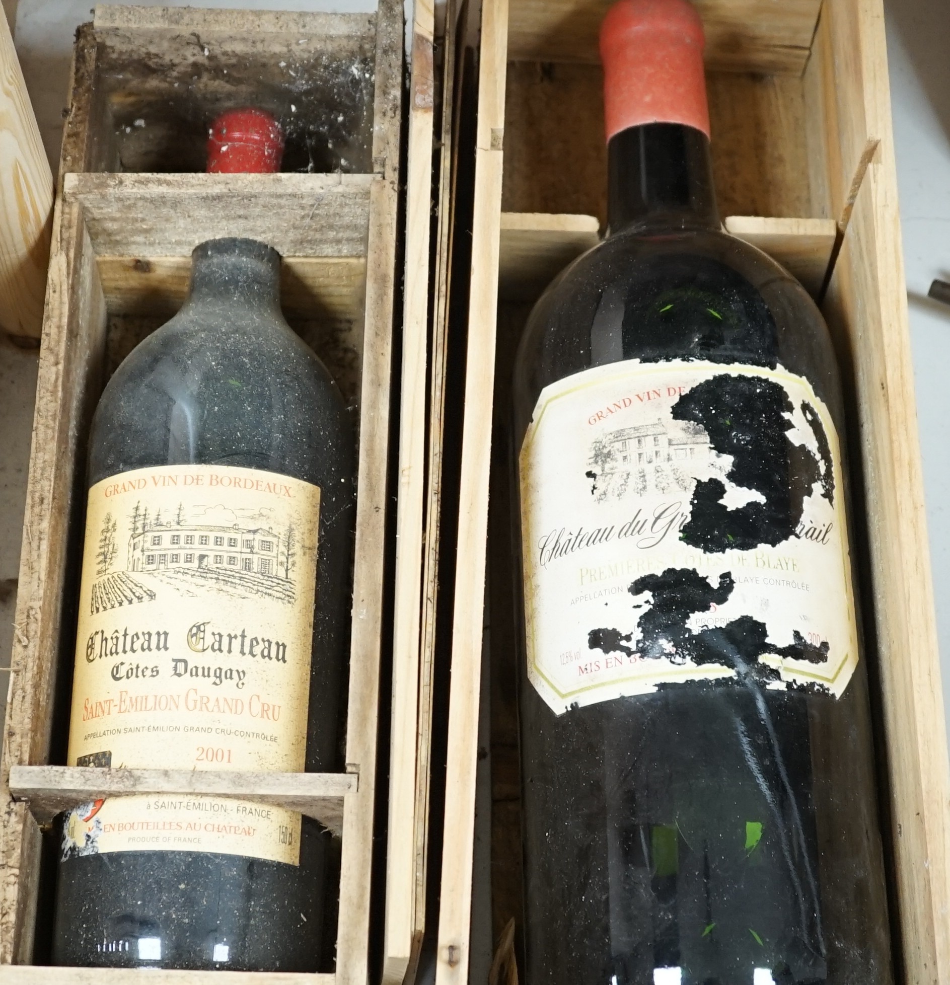 A magnum of 2001 Saint Emilion Grand Cru, Chateau Carteau and a double magnum of Premiere Cotes de Blaye (2 bottles in total)